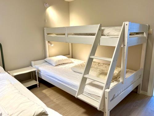 a bedroom with two bunk beds with a ladder at Villa Holmen, ground floor apartment in Balestrand