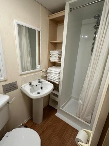 a bathroom with a sink and a shower and a toilet at Croft View Caravan Holidays in Dunvegan
