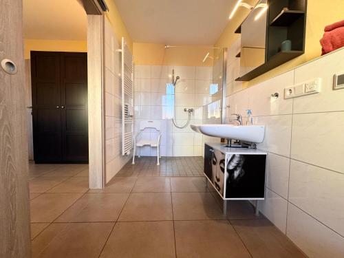 a bathroom with a sink and a toilet and a shower at L&L Skaters Home in Langenlipsdorf