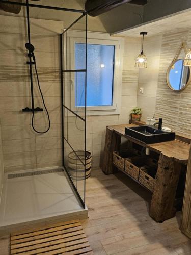 a glass shower in a bathroom with a sink at La Maison Delle Spellé - Meublé de Tourisme 4 étoiles in Piolenc