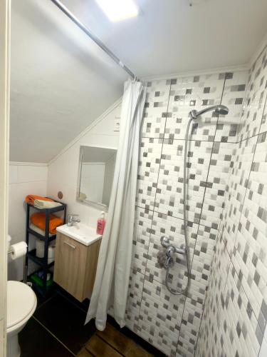 a bathroom with a shower with a toilet and a sink at Anchor House in Câmara de Lobos