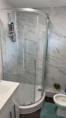 a shower with a glass door in a bathroom at Two-bedroom house with a workspace in Basildon in Nevendon