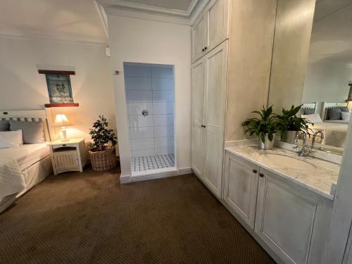 a bathroom with a sink and a shower in a bedroom at Penny Royal Guest Cottages in Somerset West