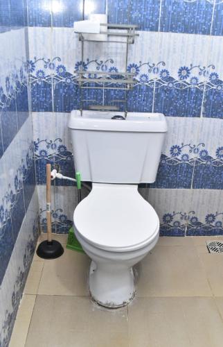 a white toilet in a bathroom with blue and white tiles at Skye Palace Apartment - Skye Regency 2 Bedroom Apartment in Akure