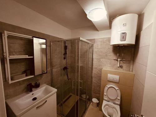 a bathroom with a shower and a toilet and a sink at Marija in Pakoštane