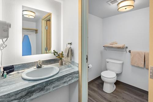 a white bathroom with a sink and a toilet at Talkeetna Alaskan Lodge in Talkeetna