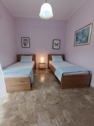 a bedroom with two beds and a chandelier at Plateia Home in Karditsa