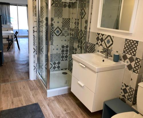a bathroom with a sink and a shower at Le Petit Ekrin des Ursines in Vélizy-Villacoublay