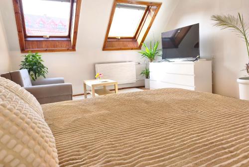 a bedroom with a bed and a flat screen tv at Prime Location Apartment Vilnius in Vilnius