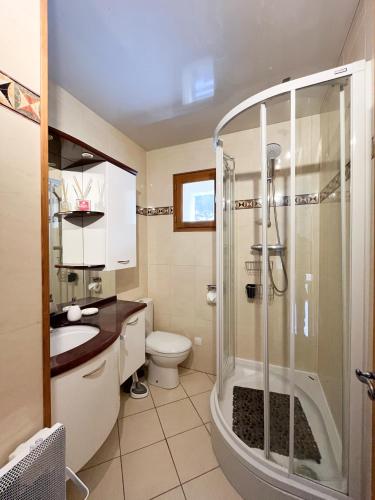 a bathroom with a shower and a toilet and a sink at Duplex Les Gets Centre Local VTT Sécurisé & Balcon 6P in Les Gets