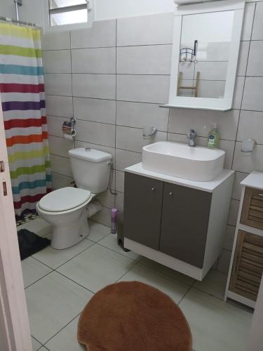 a bathroom with a sink and a toilet and a mirror at Résidence EmiRose in Rivière-Pilote