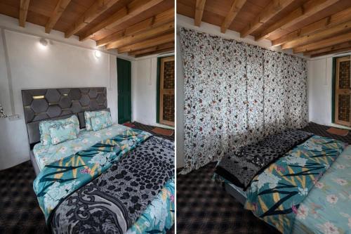 two pictures of a bedroom with a bed and a wall at Jungle Bungalow in Pahalgām