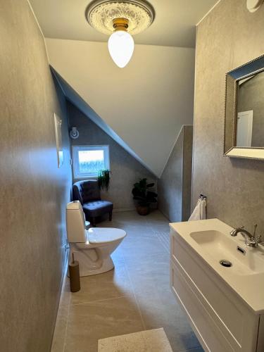 a bathroom with a toilet and a sink and a stair at Trollveggen in Åndalsnes