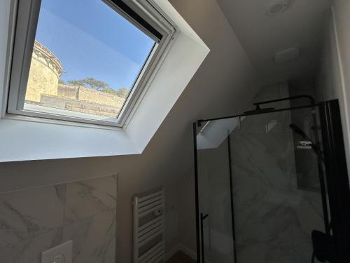 a skylight window in a bathroom with a shower at Logement climatisé avec cuisine équipée in Amboise