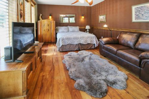 a living room with a bed and a couch and a television at Safari Cottage in Jacksonville