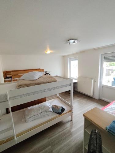 a bedroom with a bunk bed and a desk at Fair-Hostel in Darmstadt
