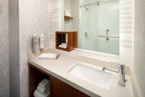 a bathroom with a sink and a mirror at Hampton Inn by Hilton New York Times Square in New York