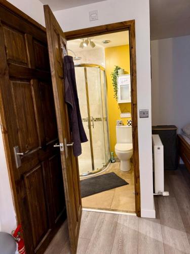 a bathroom with a shower and a toilet and a door at St Catherines, Winterborne Lodge in Blandford Forum