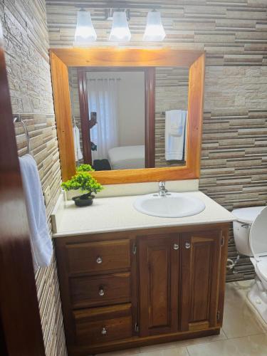 a bathroom with a sink and a mirror at Trelawnys Bliss Escape in Spring Rises