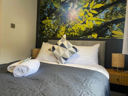 a bedroom with a bed with pillows and a painting at Greenmount - 1 Bed Apartment in Naas