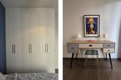 two pictures of a bedroom with a desk and a cabinet at Blue Bay Suites in Myloi