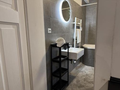 a bathroom with a sink and a mirror at 2BR, terrace, free parking in Leverkusen