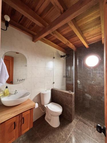 a bathroom with a toilet and a sink and a shower at Cabaña Villa Serena in Villa de Leyva