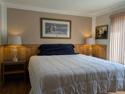 a bedroom with a bed and two lamps on tables at Higgin's Inn in Powell River