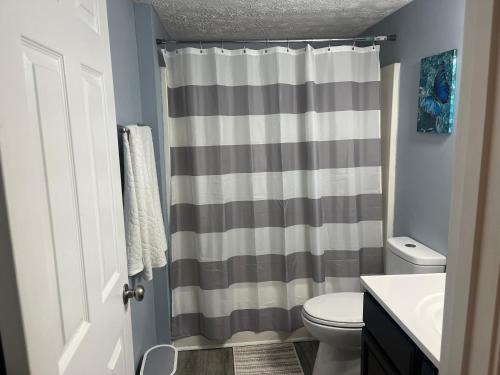 a bathroom with a shower curtain and a toilet at Stylish 3BR Townhouse in Radcliff