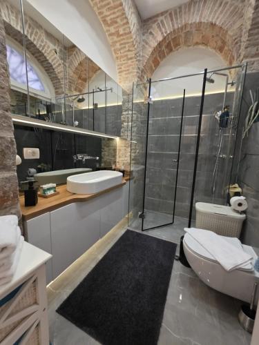 a bathroom with a shower and a toilet and a sink at Dalti Center Apartment in Zadar