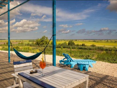 a hammock and a table and a bench on a beach at Danube Delta View in Dunavăţu de Jos