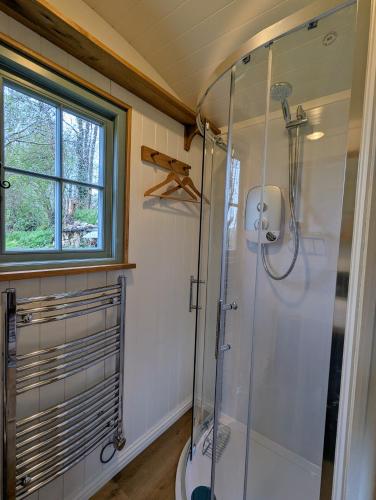 a shower stall in a bathroom with a window at Cornish Valley Retreat in Bodmin