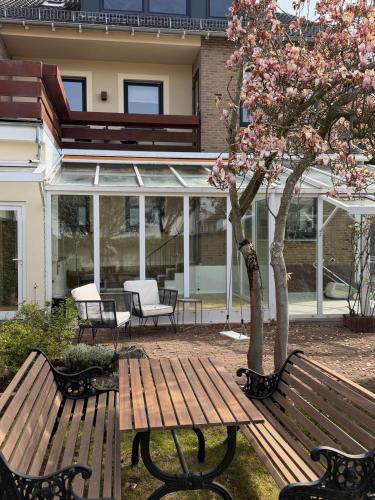 a wooden bench and a tree in front of a house at WohlfühlWerk L7 in Mechernich