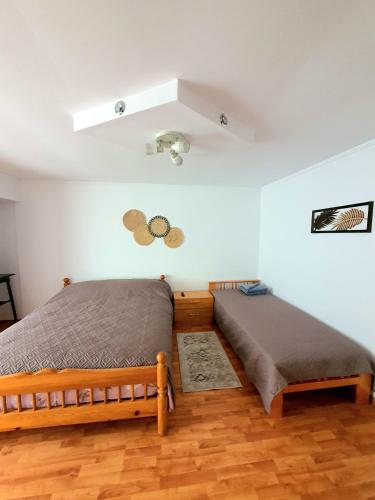 ein Schlafzimmer mit zwei Betten und einer Decke in der Unterkunft RaluApart in Bicaz
