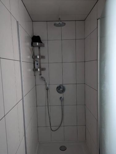 a bathroom with a shower with a shower head at Gemütliches Zimmer in der modernen Ferienwohnung Schwalbennest im EG links in Sachsenheim