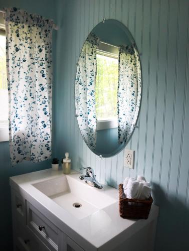 a bathroom with a sink and a mirror at Beachside on Lake Muskoka in Port Carling