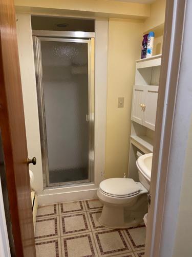 a bathroom with a toilet and a glass shower at Flower Avenue Hosting - Private Suite with De Luxe King Size Bed - 77 per Night 1st guest - 59 2nd guest - 52 each third & 4th guests in Silver Spring