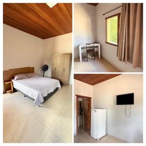 two pictures of a bedroom with a bed and a television at Palladium Hotel in Rio Piracicaba