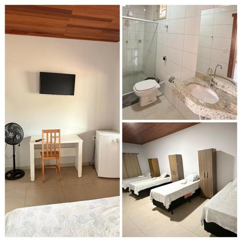 two pictures of a bathroom with a toilet and a sink at Palladium Hotel in Rio Piracicaba