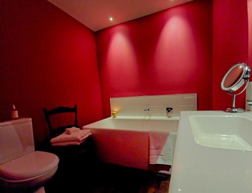 a red bathroom with a bath tub and a toilet at Riverside Retreat in Twizel