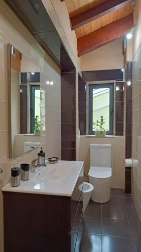 a bathroom with a toilet and a sink and a mirror at Casajurada in Pinhel