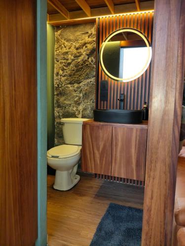 a bathroom with a toilet and a mirror at Cabañas La Cascada in Tepoztlán