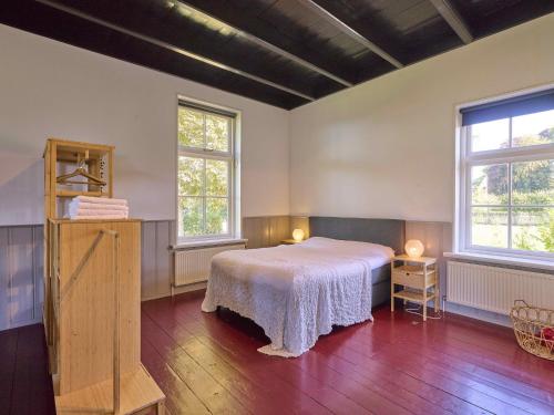 a bedroom with a bed and two windows at t Voorhuis Kolderveen in Nijeveen
