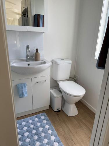 a white bathroom with a toilet and a sink at Tiny Escape in Lennox Head