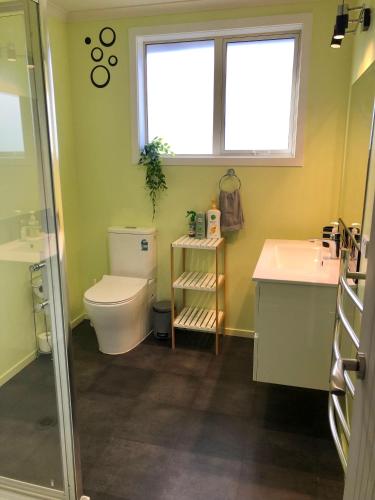 a bathroom with a toilet and a sink and a window at Modern Spacious Manapouri Home in Manapouri