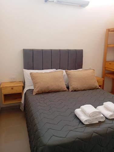 a bedroom with a bed with two pillows on it at YulFran in Mina Clavero