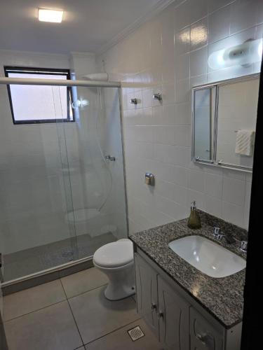 a bathroom with a toilet and a sink and a shower at Apto a 3 quadras do centro, 2 quartos lazer comp in Serra Negra