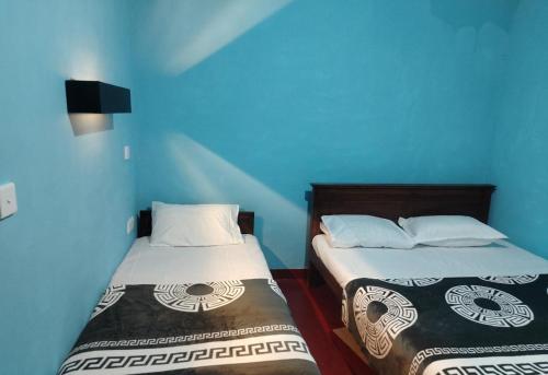 two beds in a room with blue walls at Phoenix Crest Cottage in Haputale