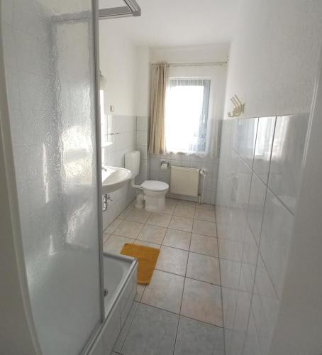 a bathroom with a shower and a toilet and a sink at Ostseedeich 08 in Prerow