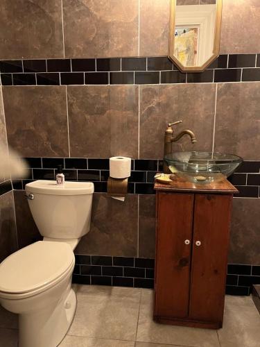 a bathroom with a toilet and a sink at Aaron House of Niagara Falls in Niagara Falls